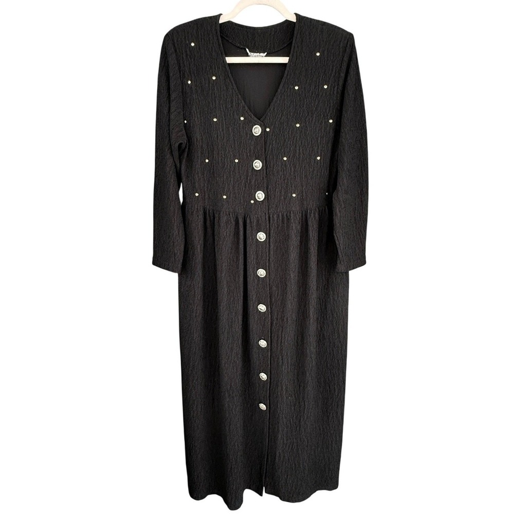 A3 Maxima Dress Sunburst Buttons Midi 1990s Vintage‎ Studded Crinkle Black